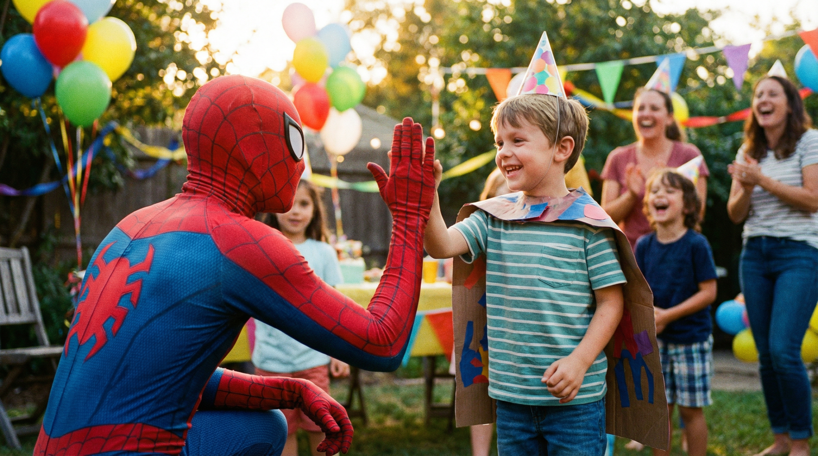 Superheld begrüßt Kind